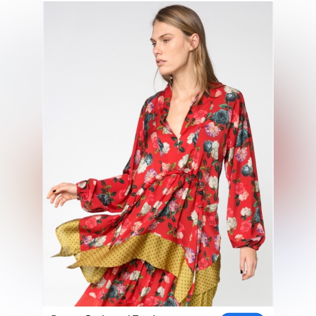 Alembka Woman's Poppy Gathered Red Floral Hi Low Blouse Medium